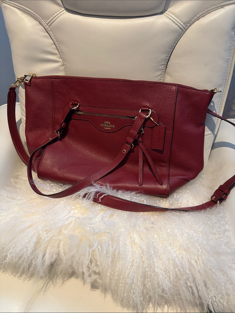 Coach Pebbled Leather Tote in Wine Red with Gold Hardware